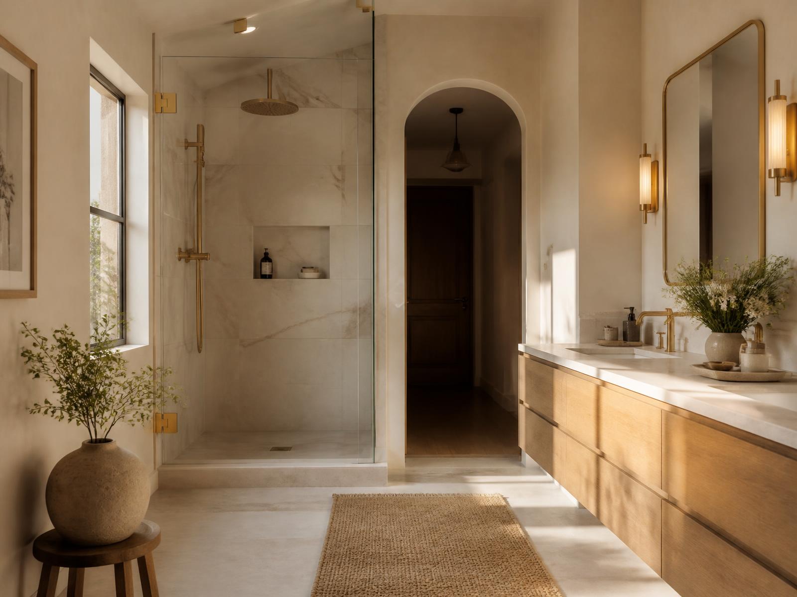 Walk-in shower with marble-look tile, frameless glass and brass fixtures