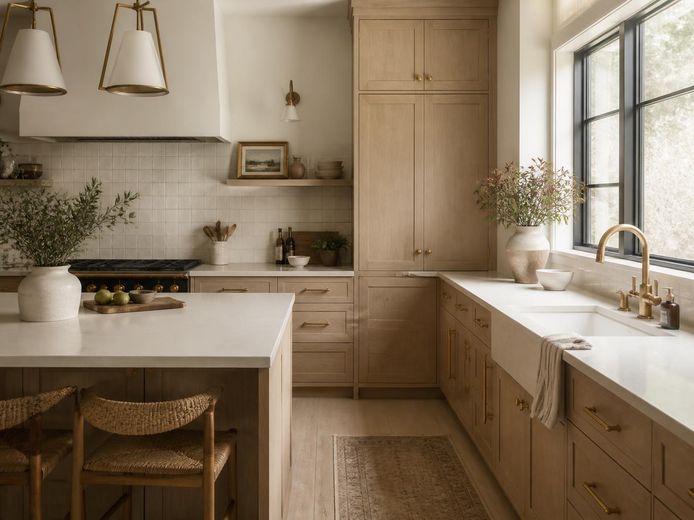 Warm kitchen remodel with white oak cabinetry and cream tile backsplash