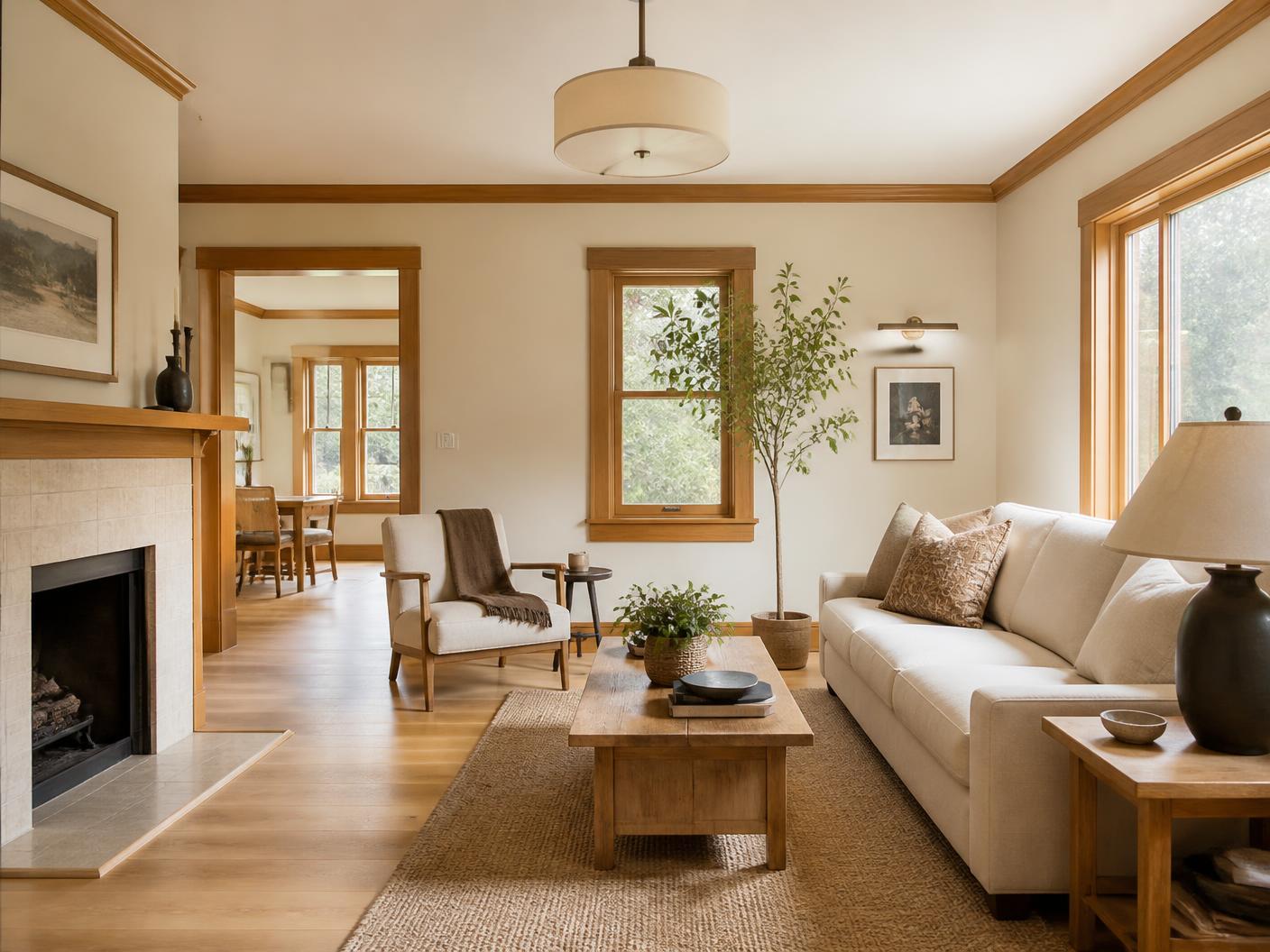 Refreshed living room with craftsman trim, new flooring and warm paint